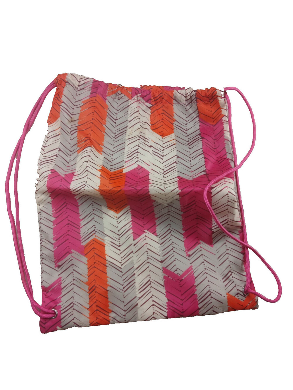 Thirty-One Cinch Sac Bag Drawstring Backpack Pink Orange White Tan Geometric Bag